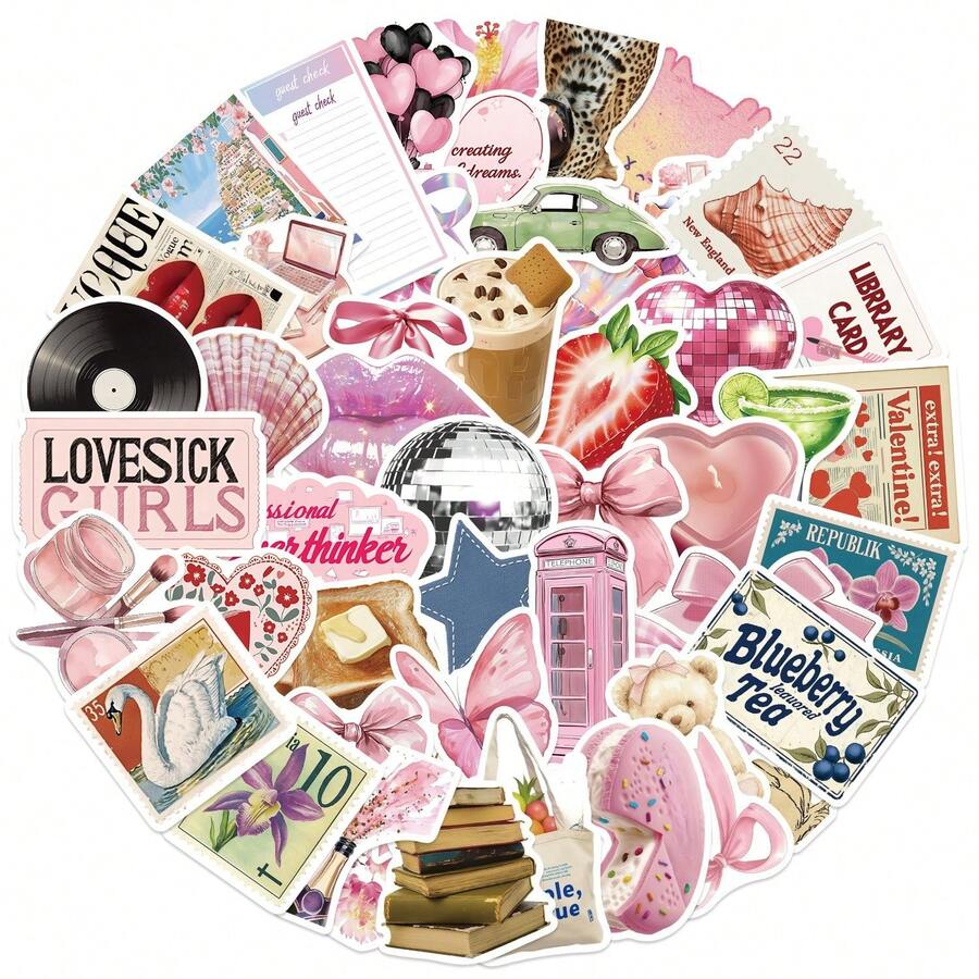 50张粉色卡通Y2K美学贴纸，可爱动物乙烯基防水复古贴纸，适用于笔记本电脑、手机、汽车、滑板、水瓶、剪贴簿、电脑、日记本等，趣味贴纸，笔记本电脑贴纸，Kindle手机贴纸 - A - 查看 1