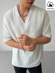 100% Cotton Men's Casual V-Neck Short Sleeve T-Shirt , Fall - White - View 3