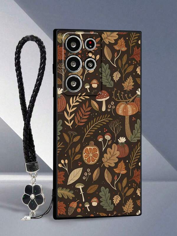 Brown Maple Leaf Painted Perforated Straight Edge Wrist Strap Shockproof Phone Case Compatible With Apple, Redmi Phones