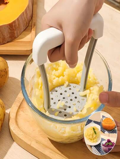 1 件不锈钢土豆捣碎机、土豆压榨机、蔬菜水果压榨机、适用于土豆泥、果汁、蔬菜和食物、手动榨汁机、压碎和粉碎厨房小工具、耐用塑料手动土豆捣碎机 - 非常适合年轻人的食物和水果、易于使用的手持土豆捣碎机