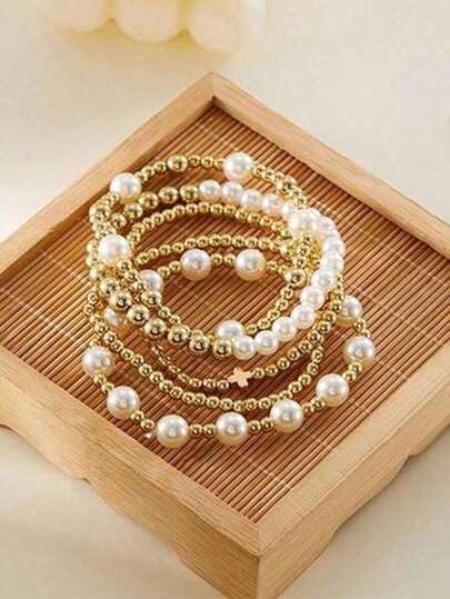 5Pcs Bohemian Gold Beaded Bracelet Set - Women's Faux Pearl Stretch Bracelets, Stackable Cross Jewelry,  Dainty Layered Bracelets, Perfect Valentine's Day Gifts For Women & Teen Girls, 5Pcs Bracelet Set Bracelets Jewelry Halloween