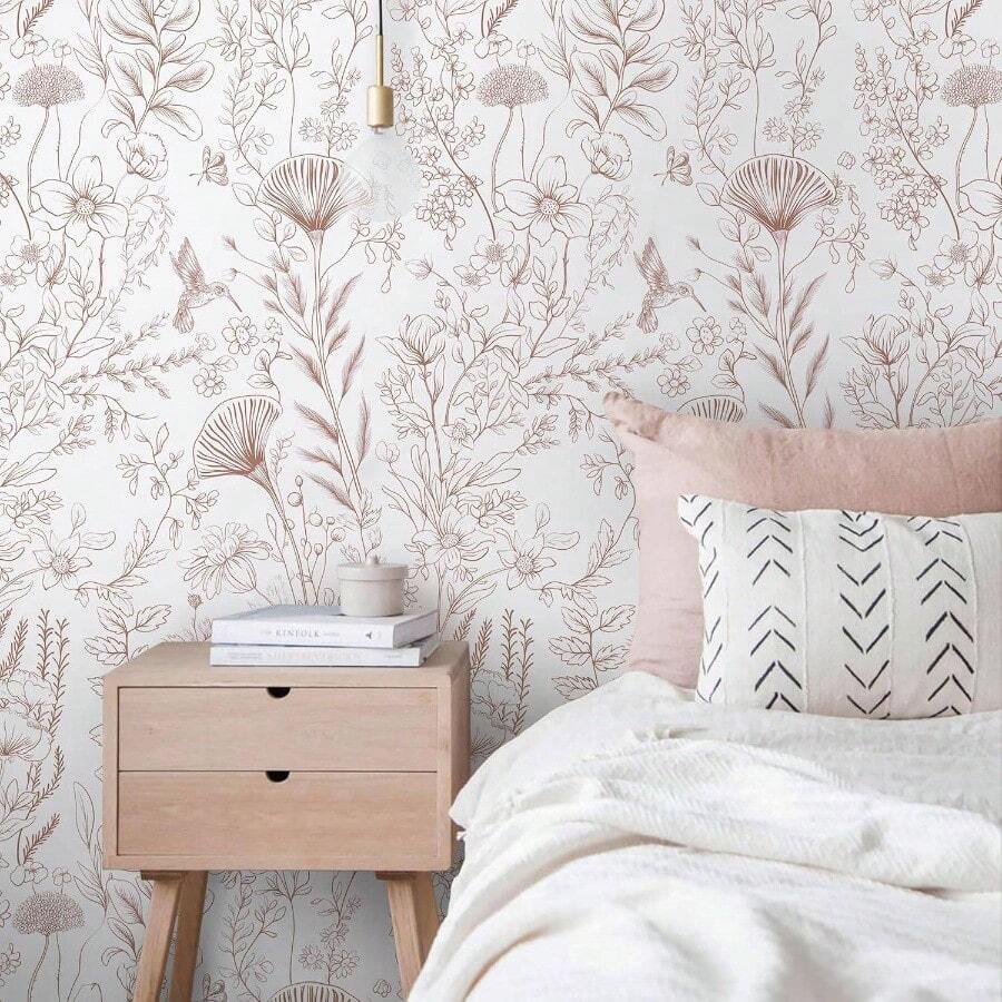 Pink Peel And Stick Wallpaper Floral Wall Paper Modern Boho Contact Paper Bedroom Removable Self Adhesive Wallpaper Bathroom Living Room Papel Tapiz Para Pared 17.3*78. U201D - 17.3 英吋 x 78.7 英吋 + 粉紅色和白色 - 查看 1