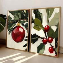 1 pièce/2 pièces canevas d'art imprimée avec sapin de Noël et baies rouges - Style vintage, décoration de vacances chaleureuse pour la maison et le bureau, parfaite pour le salon, la chambre, la salle de bain ou le restaurant, décorations de Noël, idéal comme cadeau de Noël. Cadre en option - Multicolore - Voir 7