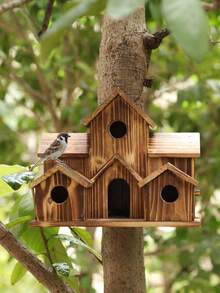 Outdoor Bird House - Natural Wooden Hummingbird And Red Sparrow Nest Box, Natural Wooden Hummingbird House, Hanging Solid Wood Bird Nest, Garden Outdoor Hummingbird Courtyard Decoration Garden Gifts, Pet Supplies - 棕色 - 查看 7