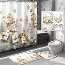 1/4 Pcs Christmas Gray & White Background Gold Foil Print Shower Curtain, Waterproof Polyester Fabric, Walk-In Shower Curtain With 12 Hooks, Bathroom Non-Slip Mat, Toilet Seat Cover And U-Shaped Pad, New Year Bathroom Decor Set