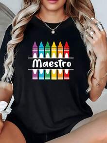 Camiseta Negra Maestra con Crayones 1 unidad de Camisa de T 100% algodón para Mujer Diseño Original para Profesora Escolar Ideal como Regalo Camisa de T con Estampado Digital 220 Gramos Cómoda y Moderna Estilo Casual - Negro - Ver 1