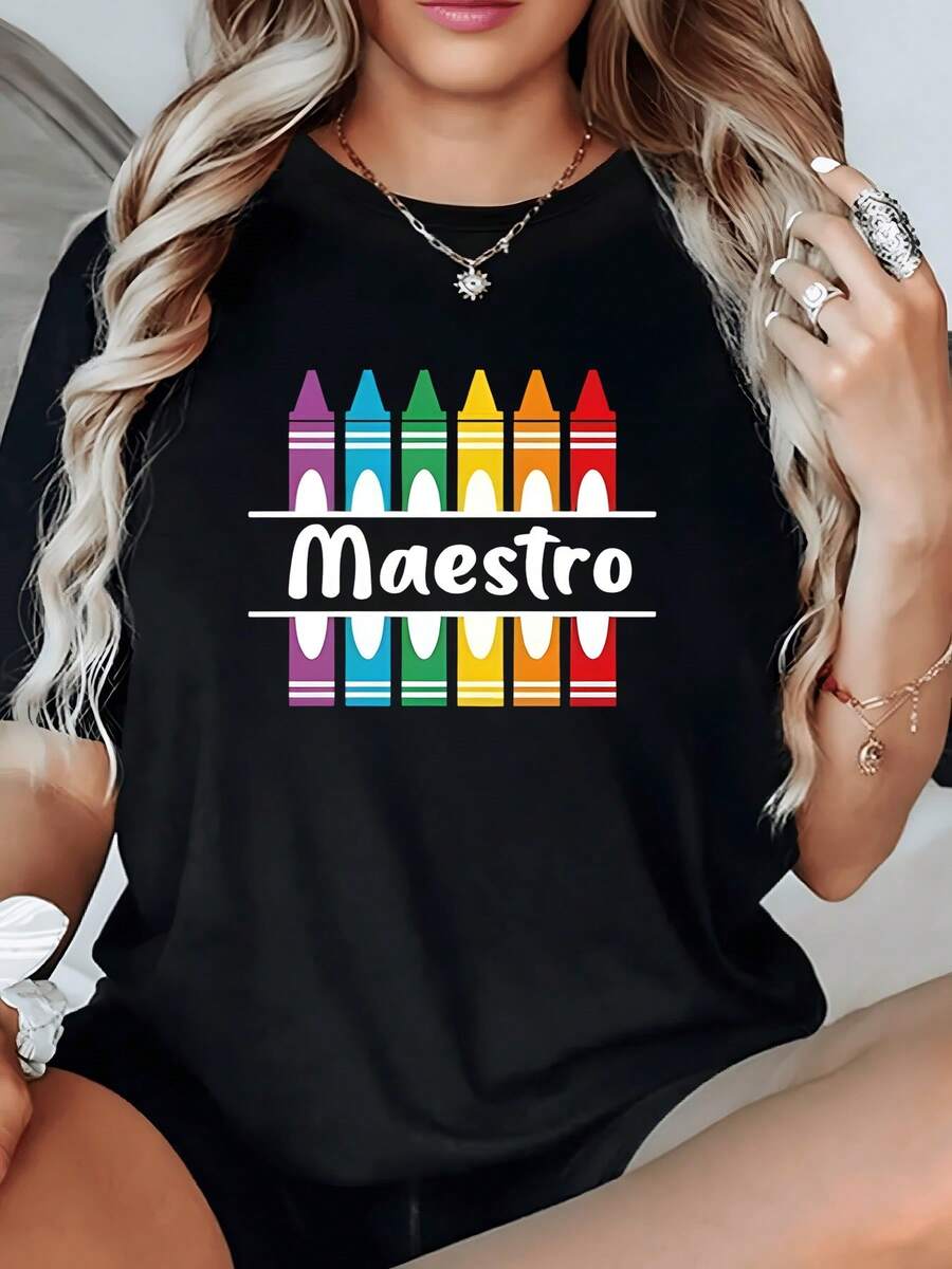 Camiseta Negra Maestra con Crayones 1 unidad de Camisa de T 100% algodón para Mujer Diseño Original para Profesora Escolar Ideal como Regalo Camisa de T con Estampado Digital 220 Gramos Cómoda y Moderna Estilo Casual - Negro - Ver 1