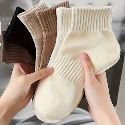 6 Pairs Women's Solid Color Ribbed Socks, Simple Comfortable Solid Color Nature-Inspired Athletic Socks