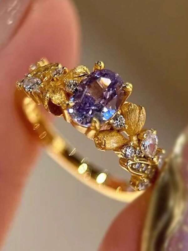 1 pieza Anillo de Sophora Japonica calado dorado con circonita cúbica vintage lujoso, accesorio elegante y elegante adecuado para el uso diario de las mujeres