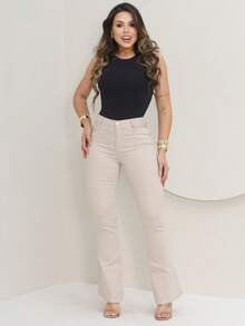 Women's Flare Jeans, High Waist, Bell Bottom - Beige - View 5
