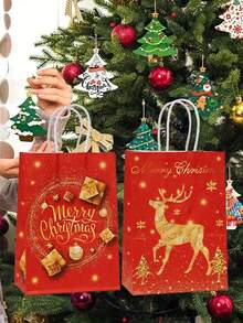 32 个红色节日圣诞礼品袋 - 带手柄的牛皮纸袋，金色雪花和驯鹿图案，适用于节日礼物、派对礼品和礼品包装、圣诞礼品包装袋 - 彩色 - 查看 7