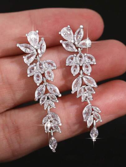 1 Pair Luxury Elegant AAA Grade Cubic Zirconia Flower Decor Women Pendant Earrings, Suitable For Wedding Wear And Gift