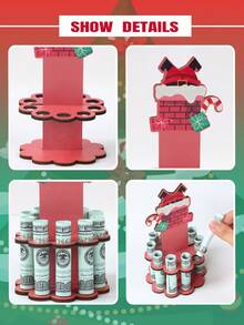 3pcs Christmas Wooden Money Holder Decoration Ornament, Charming Christmas Chimney Old Man Elk Pattern Wooden Money Holders, Festive Ornament Money Dispenser For Winter Holiday Party Decor, Christmas Ornament Money Holder