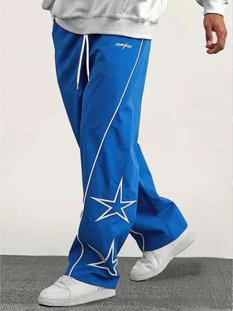 1pc Men's Straight Cut Star & Letter Print Casual Loose Streetwear Sweatpants