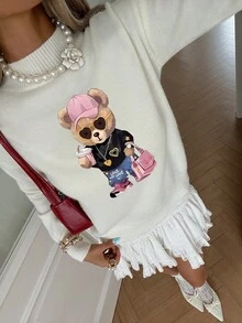 Autumn/Winter New Stand Collar Long Sleeve Teddy Bear Wearing Baseball-Cap Drink Pattern Sweater Pullover, Commuting Style White Sweater For Women, Autumn/Winter New Arrival,Back To School,Suitable For Daily, Commuting And Shopping,Elegant & Chic Style,Wedding Guest,Halloween Costume,Christmas Party - White - View 4