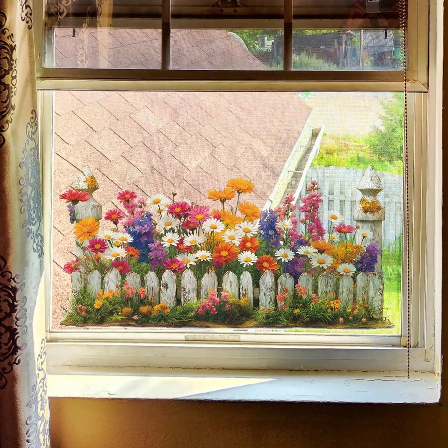 Daisy Fence Flower Painted Wall Stickers, Floral Art DIY Wall Decals Removable Vinyl Peel And Stick For Kitchen Nursery Living Room Bedroom Decorations Wall Decor Kitchen Decor Home Decor