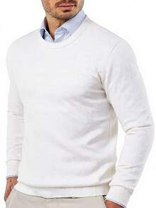 GRDR Men's Casual Solid Color Crew Neck Sweater - White - View 3