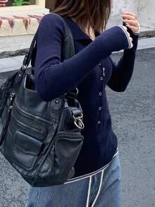 Blusa de lana con diseño de botones, cuello con muesca y dobladillo para mujeres, estilo coreano casual de calle y transporte, otoño Nora Noon Y2K