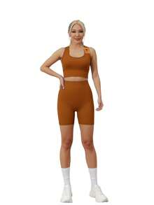 "3 Pieces Set" Women's Sports Suit, Vest Suit, Fitness Suit, Yoga Suit, Tight Running Exercise Suit, High Stretch Pants Set, Comfortable And Skin Friendly For Home Leisure - Café integral - Ver 2