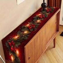 1pc Christmas Theme Table Runner, Pine Branch Print With Warm Fairy Lights, Suitable For Home, Kitchen, Dining Room, Tablecloth, Tableware, Office, Small Tea Table And Coffee Table, Christmas Table Decor