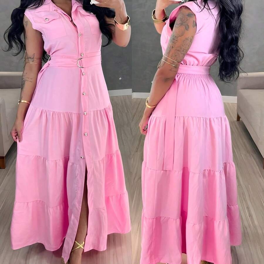 Long Chemise Dress With Buttons And Sash Belt – Elegant And Modern - 淺粉色 - 查看 1