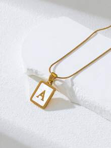 1pc Personalized Initial Necklace Stainless Steel Non Tarnish Women Letter Necklace - Golden Yellow + Snake Chain + Square - View 4