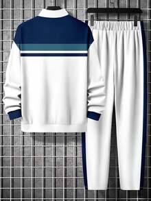Men's Striped Print Zip-Up Sweatshirt And Pants Set, Fall Clothes
