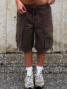 Women Y2k Drawstring Cargo Shorts Baggy Denim Shorts Summer Fashionable Wide Leg Knee Length Jean Shorts With Pocket Streetwear - màu nâu - Xem 1