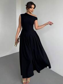 女士方领褶皱A字连衣裙，优雅性感，适合派对、晚宴、婚礼、日常穿着、生日派对、正式宴会、花园派对、迎婴派对、送礼、拍照、单身派对等场合。黑色夏季 - 黑色 - 查看 4