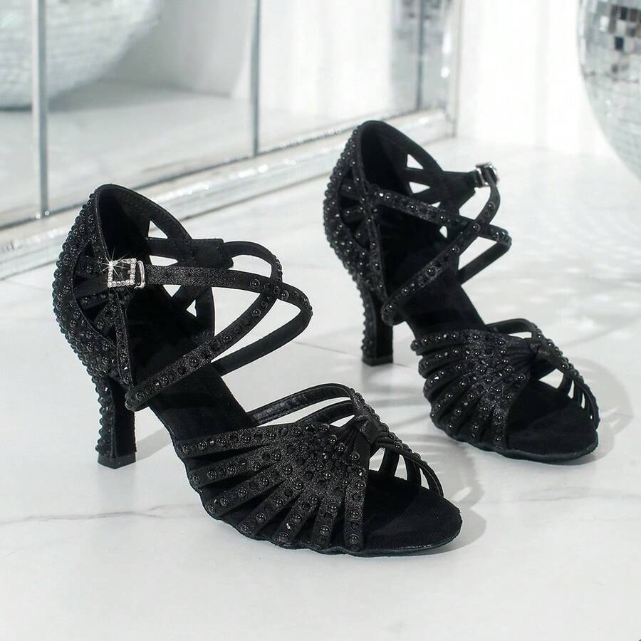 7.5cm Heels Pearl & Rhinestone Satin Soft Sole Latin Dance Shoes For Women Ballroom Modern Tango Performance Shoes Black Ladies Diamond Party Shoes