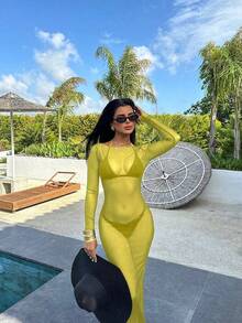 女式性感紧身网眼透视露肩长袖连衣裙，夏季 - 黃色 - 查看 2