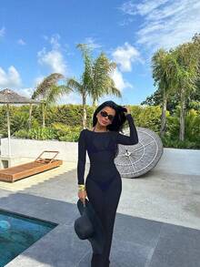 Vestido de verano para mujer sexy de malla transparente con hombros descubiertos y manga larga tipo ajustado - Azul Marino - Ver 6