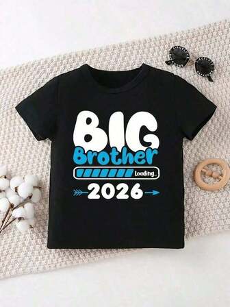 Newest Big Brother 2026 Announcement Shirt - Pregnancy Birthday Promotion Shirt For Boys - White With Bold Blue & Loading Bar Graphic - Machine Washable Toddler Brother Shirt - New Big Brother Gift Idea - Family Celebration Outfit - Kids Clothing, Round Neck Tee, Easycare Fabric, Comfortable Fit