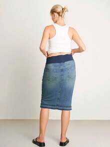 Maternity Knee-Length Denim Skirt With Stretch Waistband And Front Split Detail - 復古洗滌 - 查看 3