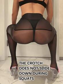 1双女士高腰无缝真丝丝袜，性感亮面连裤袜，薄款肤色修身紧身裤，舒适 - 黑色 - 查看 3