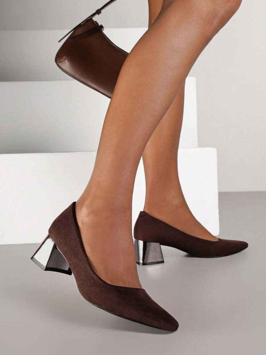 Soft Suede Pointed Toe Heels - Women's Work/Office Shoes - Brown - View 1