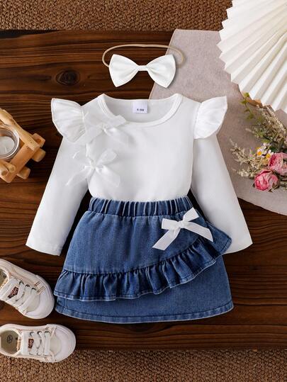 2pcs Baby Girl 3D Bow Decor White Long Sleeve Top And Denim Skirt With 3D Bow Elastic Waist, With Bow Headband Set