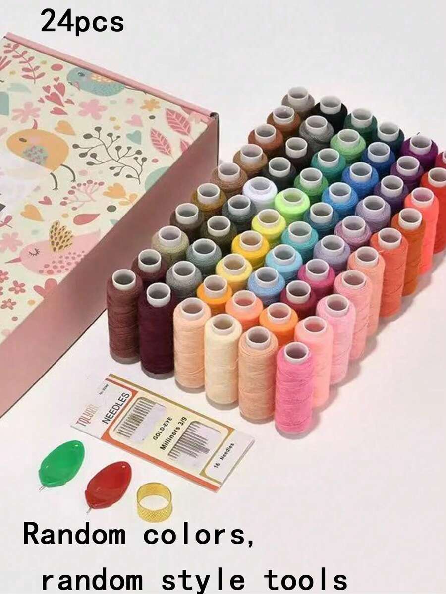 24 Colors Sewing Thread + 1 Pack Needles + Needle Threader + Thimble Set. Durable And Easy To Use, Perfect For Hand Sewing, Machine And DIY Crafts, Great For Sewing Enthusiasts And Beginners, Vibrant Colors For Creative Projects, High-Quality Thread To Enhance Your Sewing Experience. [Random Colors] [Random Tools] - Multicolor - View 1