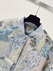 Chaqueta bomber con bordado jacquard de flores y pájaros | Chaqueta casual de corte holgado con estampado retro todo sobre todo de animales con cremallera para vacaciones
