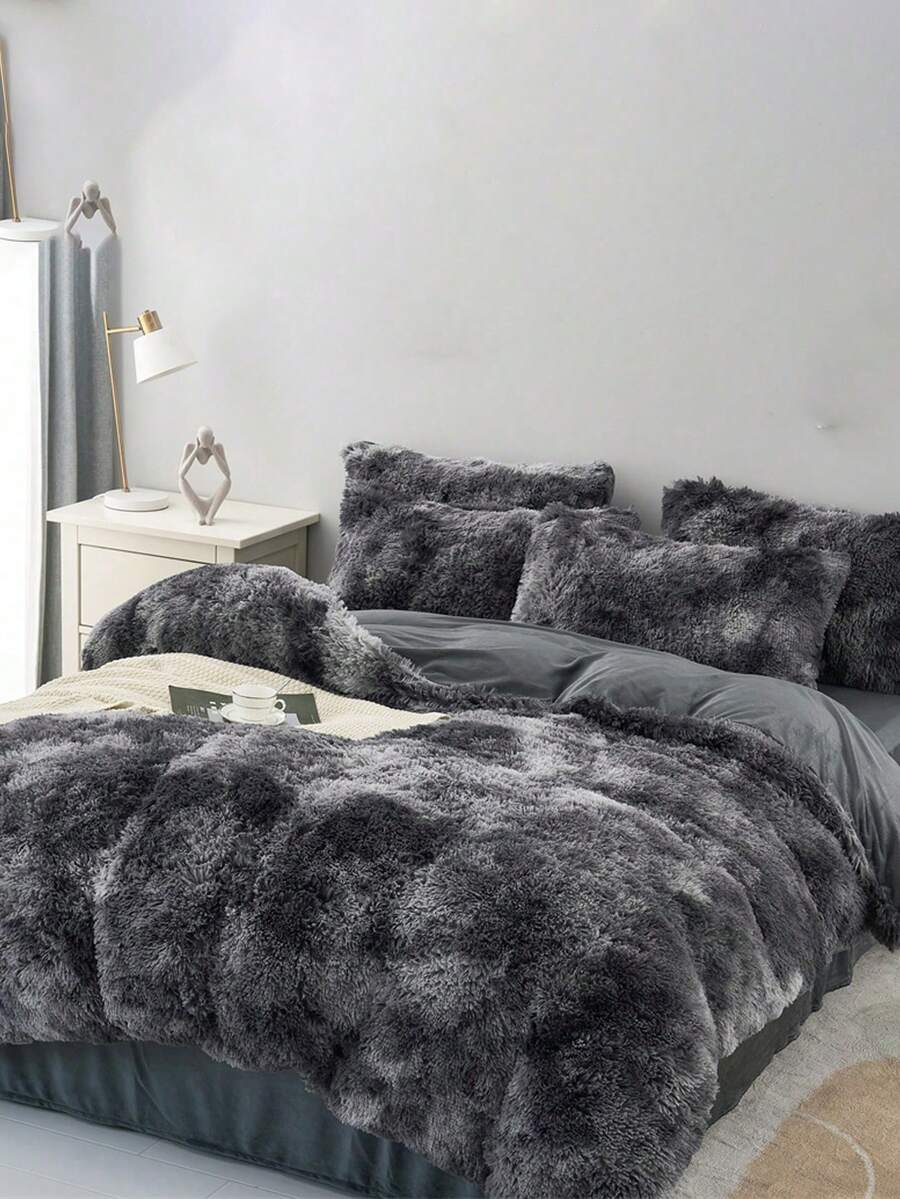 3 Stücke Grau Batik Kunstpelz Fleece Kuschelige Bettbezug Set (1*Bettbezug + 2*Kissenbezüge), geeignet für Schlafzimmer & Gästezimmer, maschinenwaschbar