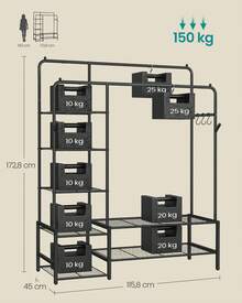 SONGMICS Stand Appendiabiti, Guardaroba Aperto, 7 Ripiani Portaoggetti, Struttura in Metallo, Barre Appendiabiti, Camera da Letto, Soggiorno, Ingresso, Nero - Circa 115,8x45x172,8cm - Visualizzare 4