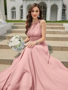 Volly Toych 婴儿粉色A字单肩镂空褶皱雪纺优雅长款正式伴娘礼服，婚礼宾客 - 淺粉色 - 查看 4