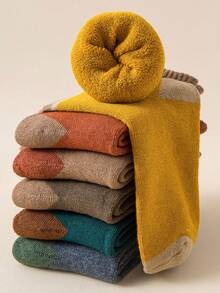 5 Pairs Women's Winter Thickened Mid-Calf Socks, Towel Bottom Striped Long Socks, Marl Color