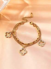 1 件优雅优质迷人实惠不锈钢镂空全密镶四叶草手链/手镯，女士珠宝礼物，适合日常佩戴、派对、购物、约会 - 幸運手鍊(3帶鋯石) - 查看 4