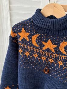 1pc Hipster Cropped Mock Neck Polyester Jacquard Sweater With Moon & Star Galaxy Print, Casual Street Style, Autumn/Winter