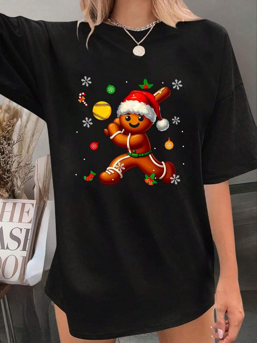 Camiseta Ginjas Hombres de Pan de Jengibre Galletas Ninjas Regalo de Navidad - Camiseta impresa con letras de Feliz Navidad y copos de nieve, 100% algodón, top de mujer de otoño y Navidad - Gris - Ver 1