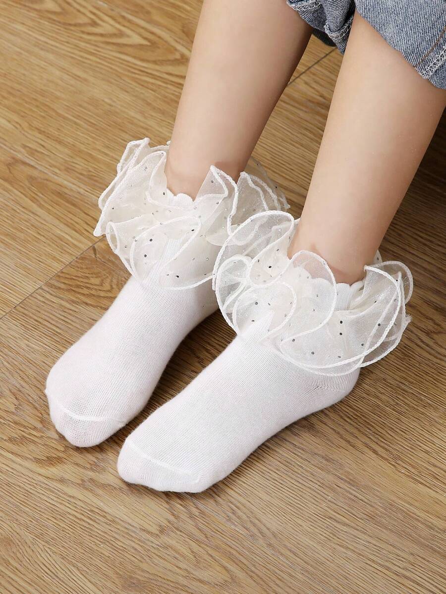1 Pair Children's Ruffle Trim Socks, Princess Baby Ruched Socks - Beige - View 1