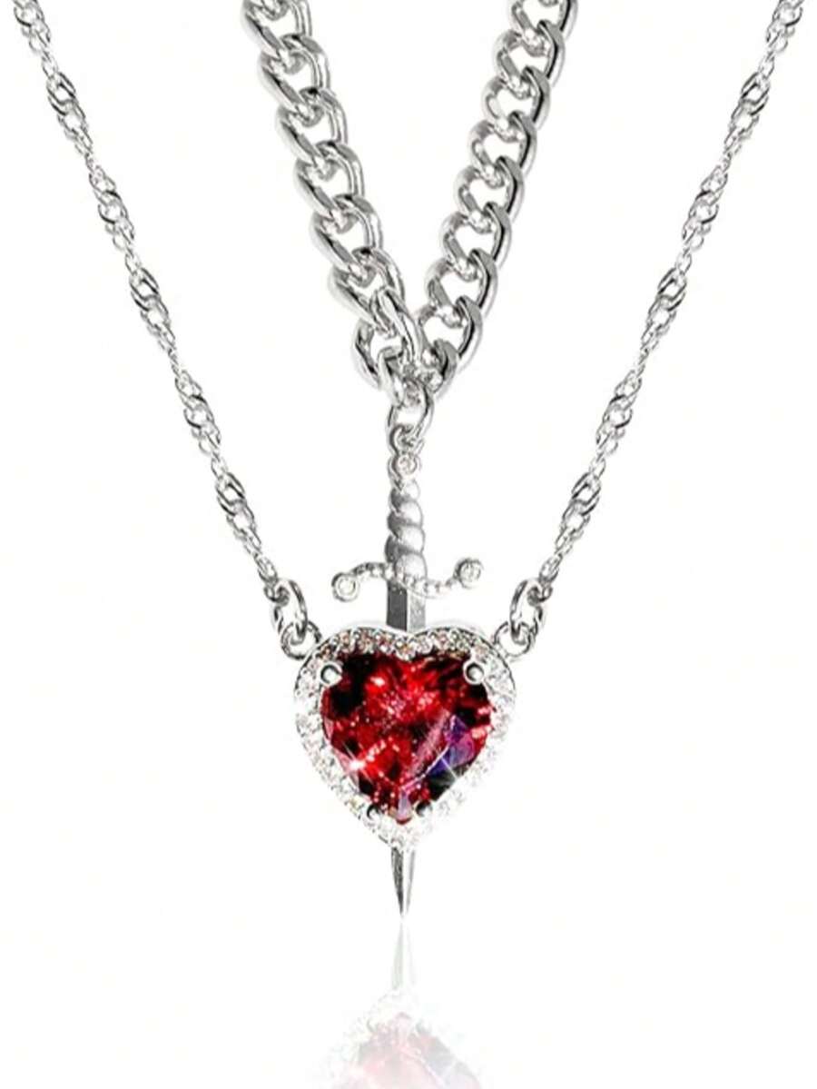Matching Necklace For Couples Plated Sword And Heart Necklaces Set Dainty Zirconia Chain Pendant Jewelry Gifts For Him And Her - Bạc - Xem 1