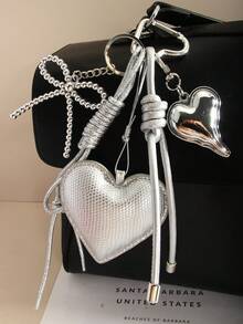 Series Original High-Quality Silver PU Heart Bow Braided Rope Bag Charm Keychain, Versatile Accessory Suitable For Women's Daily Wear
