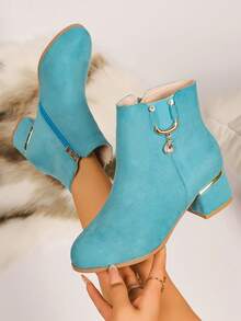 Fall/Winter Simple Style Mid-Heel Thick Heel Pink Suede Women Ankle Boots With Rhinestone Pendant Side Zipper Design, Fashionable & Elegant - Baby Blue - View 3